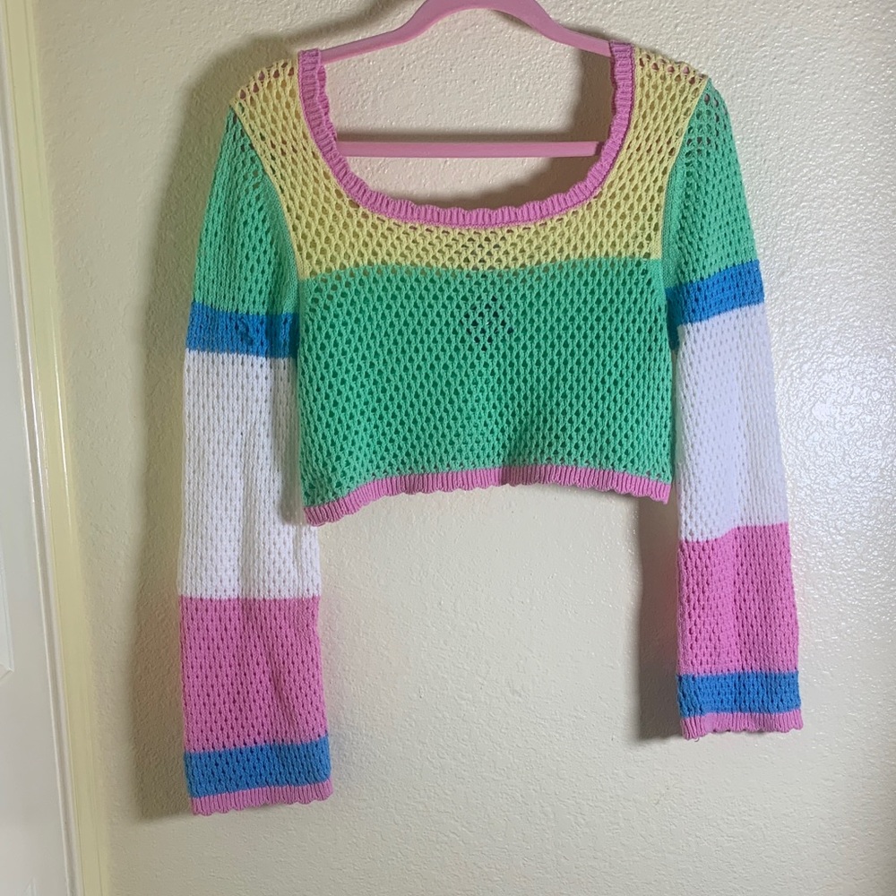 NWT Sincerely Jules Cropped Open-Knit Sweater in Mint,Pink,Yellow & Blue size S